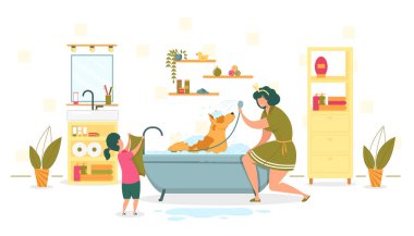 Köpük Banyo Vektörü Kadın Anne Yıkama Köpeği.