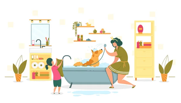 Γυναίκα μητέρα πλυντήριο σκυλιών στο αφρόλουτρο διάνυσμα. — Διανυσματικό Αρχείο
