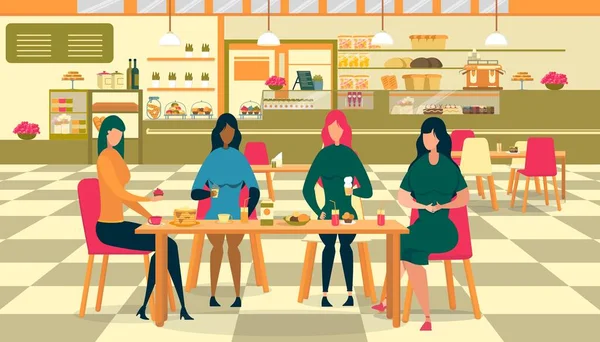 女性はカフェに座って甘い食事をします。. — ストックベクタ
