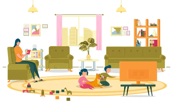 Niños sentados en el piso de la sala de estar y viendo televisión . — Vector de stock