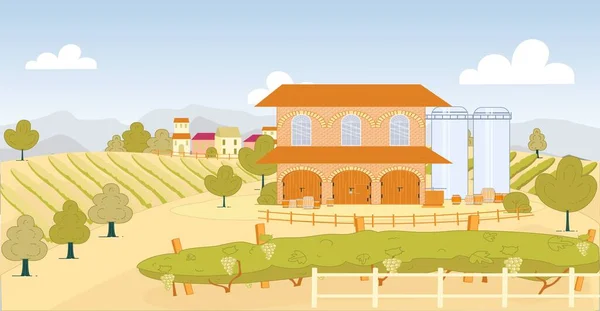 Druivenboerderij met grote wijngaard en opslag. — Stockvector
