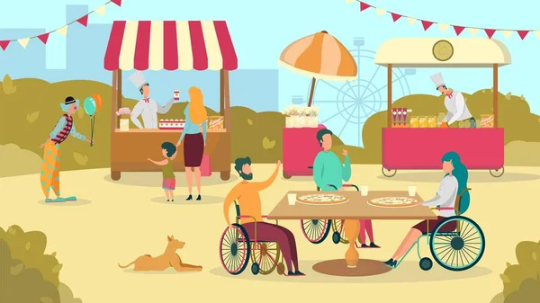 Друг в инвалидной коляске с пиццей вместе на открытом воздухе — стоковый вектор