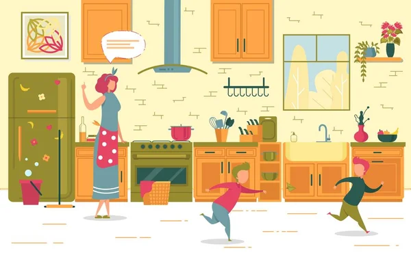Anne Azarlamalı İki Yaramaz Oğul Mutfakta Koşuyor — Stok Vektör