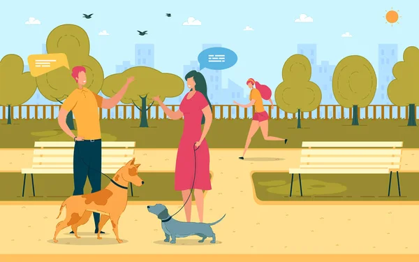 Pria dan wanita berjalan di taman dengan anjing mereka. Grafik Vektor