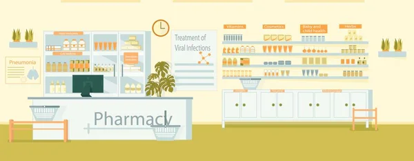 Interior, contador de farmacia con caja registradora . — Vector de stock