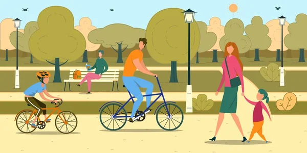 Personer med barn Vandring Cykling i stadsparken — Stock vektor