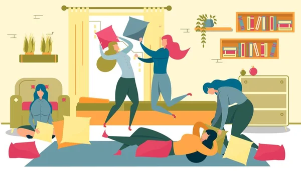 Girls Having Pajama Party, Fighting with Pillows. Vector Graphics
