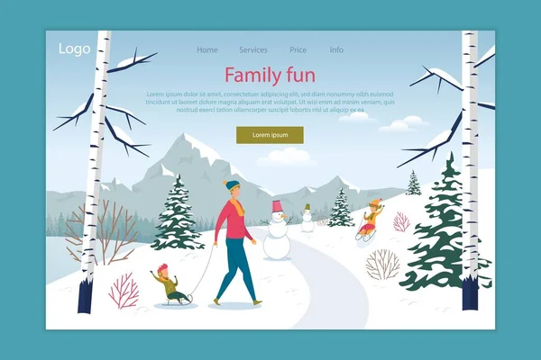 Plaisir en famille dans le parc d'hiver ou la forêt Landing Page — Image vectorielle