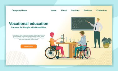 Engelliler için Meslek. Tekerlekli sandalyedeki iki genç, deney yapıyorlar, elementin test tüpünde reaksiyona girişini gözlemliyorlar. Tebeşir tahtasında öğretmen. İniş Sayfası, Boşluğu Kopyala.