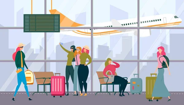 机场的女孩戴着帽子和眼镜 正在旅行的平面卡通病媒图解 年轻女人做自私自利和有乐趣 以飞行飞机为背景的候机楼 — 图库矢量图片