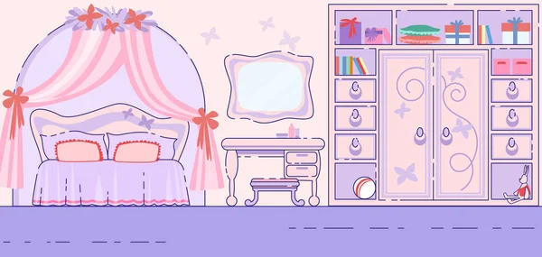 Little Girl Bedroom Fairytale Interior Flat Vector — Stock Vector