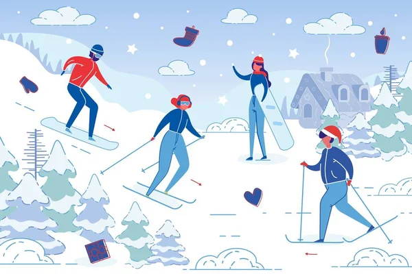 Personnes Ski et Snowboard sur Mountain Resort . — Image vectorielle