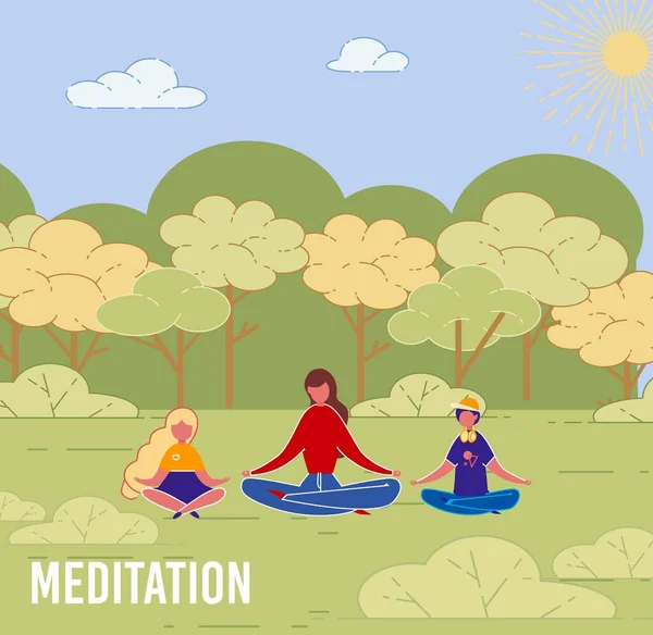 Mother with Children Yoga Meditation Outdoor.