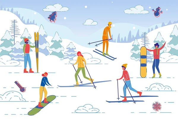 Menschen verbringen Winterurlaub gemeinsam im Skigebiet — Stockvektor