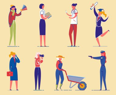 Öğrenciler ve Çalışan Kadınlar Çeşitli Karakterler Ayarlandı.