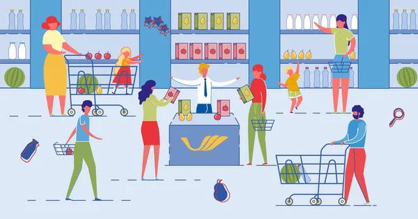 As pessoas compram produtos alimentares no supermercado . —  Vetores de Stock