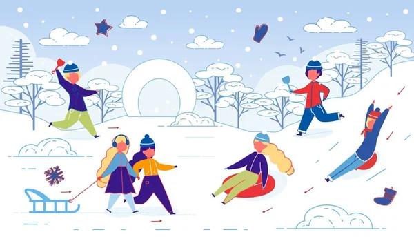 Entretenimiento para niños en invierno en nieve, diapositivas . — Vector de stock