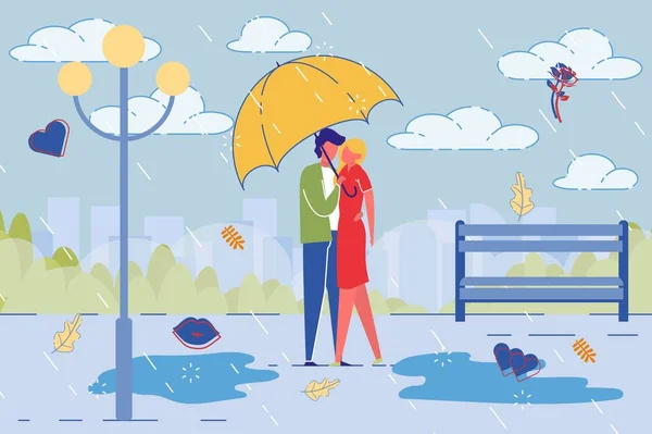 Loving Couple Romantic Date in Rain in City Park.