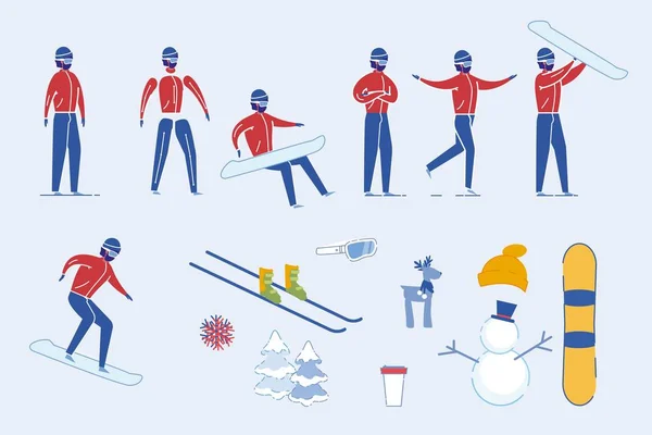 Winter Sportsman Hombre con Skii y Snowboard Set . — Vector de stock