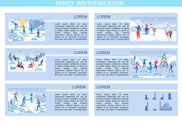 Комплект, письменные семейные зимние каникулы, мультфильм . — стоковый вектор