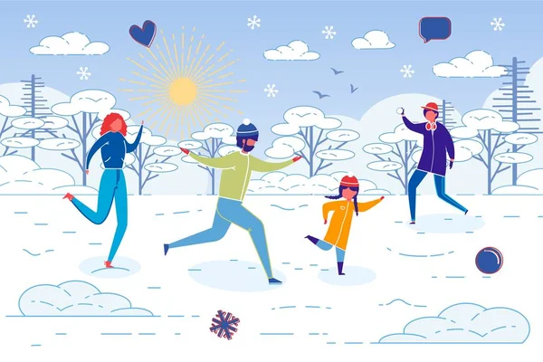 Familia feliz jugar bola de nieve en el parque en el día de invierno — Vector de stock