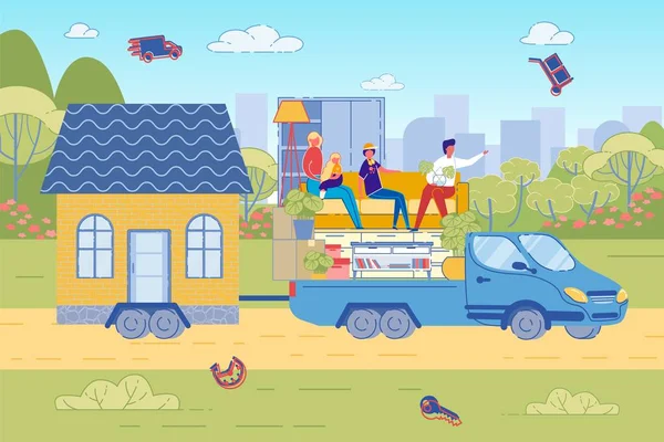 Familie flytter. Lastbil trække lille hus . – Stock-vektor
