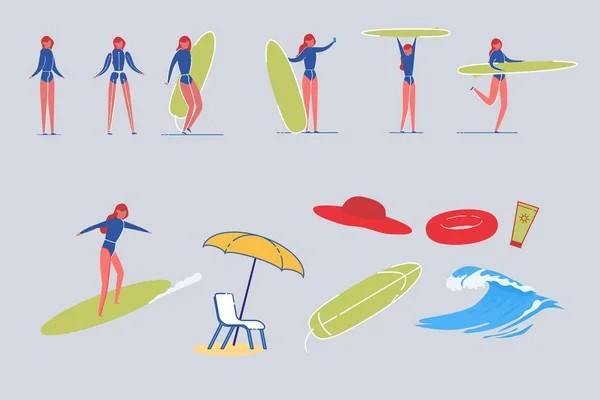 Surfer Woman Characters with Beach Items Vector. — ストックベクタ