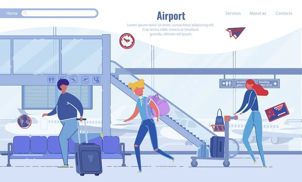 Rushing People en la página de aterrizaje de diseño de aeropuertos — Archivo Imágenes Vectoriales