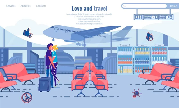 Amor y Viajes, Pareja Besándose en el Aeropuerto Banner . — Archivo Imágenes Vectoriales