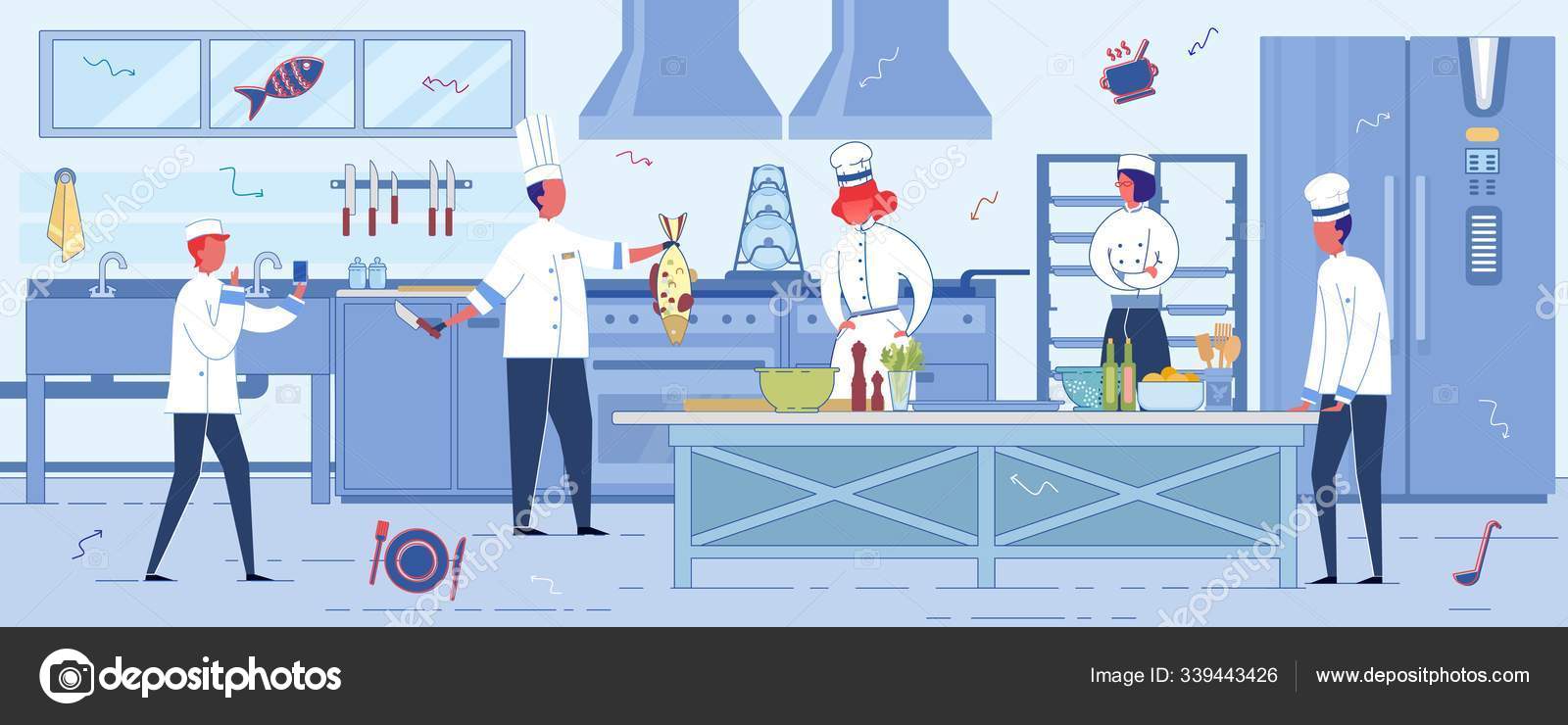 Kitchen Staff Working Environment Background. Stock Vector Image by ...