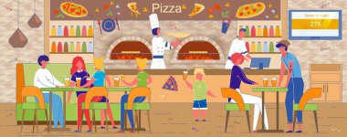 Fast Food Pizzeria İçişleri Müşteriler ve Aşçılarla.