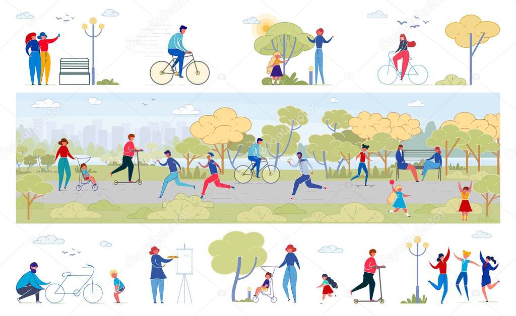 Park Life Activities Flat Vector Illustrations Set