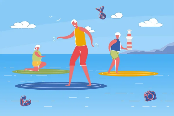 Starsi energiczni mężczyźni i kobiety jeżdżący na desce surfingowej. — Wektor stockowy