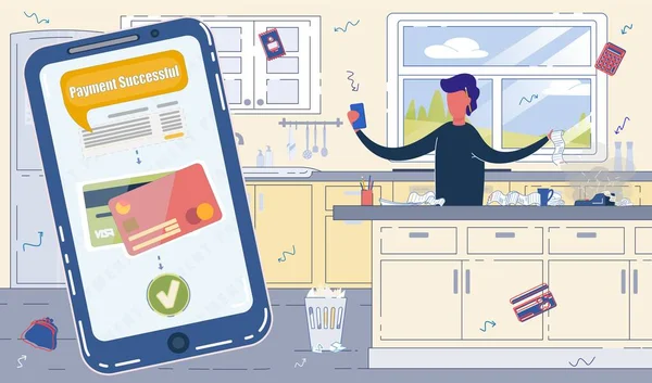 Mann in Küche zählt Rechnung und bezahlt mit Smartphone — Stockvektor