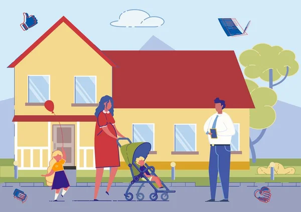 Mère avec des enfants achetant une nouvelle maison dans la banlieue — Image vectorielle