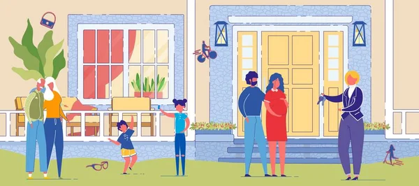 Родина вибирає ключі від агента переїзду в новий дім — стоковий вектор