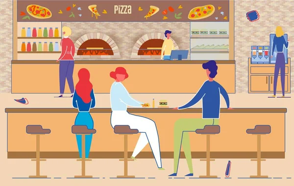 Homme et femme mangent de la pizza dans la chambre Pizzeria Café Illustrations De Stock Libres De Droits