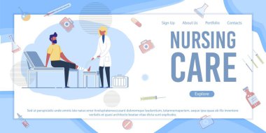 Hemşire Banner. Hemşire Bandajı Yaralı Bacak. Hastanedeki Erkek Hasta Giyimi. Kaza travması için profesyonel tıbbi ilk yardım uzmanı. Ameliyat sonrası Yara Bakımı Vektörü İllüstrasyonu