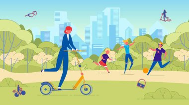 İş kadını binici. Milenyum Kadın Yöneticisi Park 'ta Çevre dostu elektrik tekmeli scooter sürüyor. Mutlu Çocuklar Koşuyor, Yol kenarında Oynuyor. Aktivite Yaşam Tarzı Konumu. Vektör İllüstrasyonu