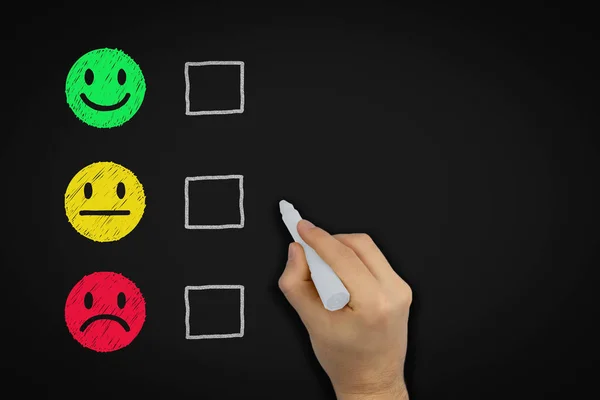 Customer service experience satisfaction rating chalk board with evaluation tick boxes - Red yellow and green happy ok sad doodle faces - Quality review, business analysis and client feedback concept