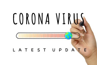 Corona Virus latest update sign written by hand with black marker pen - Covid-19 global epidemic report banner with worldwide country infection progress bar - Pandemic, quarantine and disease concept clipart
