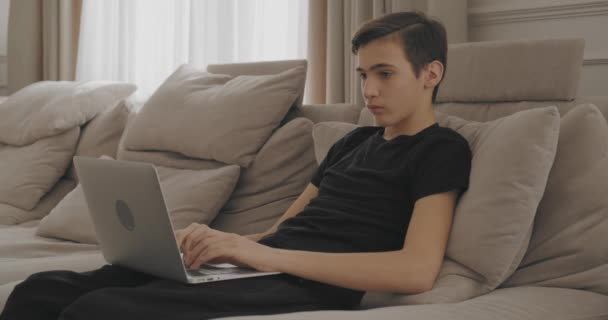 Молодий Чоловік Сидить Дивані Використовує Ноутбук Хлопчик Сидить Дивані Вдома — стокове відео