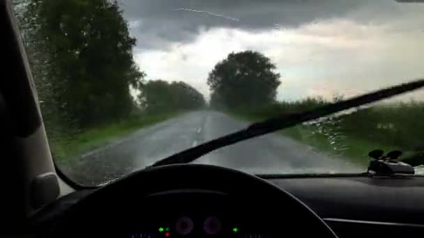 Widok Przedniej Szyby Samochodu Działającymi Wycieraczkami Podczas Ulewnego Deszczu Widok — Wideo stockowe