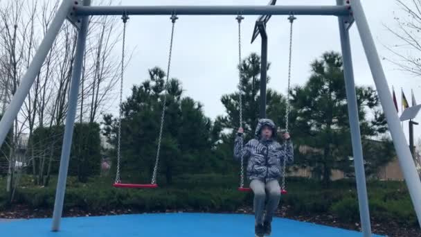 Joyeux Garçon Européen Balançant Sur Une Balançoire Enfant Joyeux Balance — Video