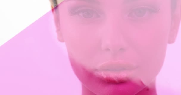 Closeup Face Fashion Model Bright Makeup Woman Hides Colored Transparent — Stock Video