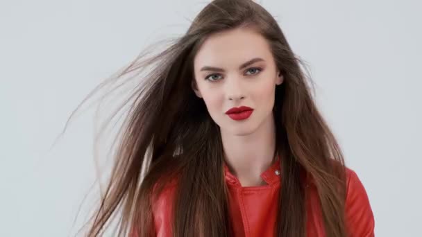 Portrait Beautiful Young Woman Long Brown Hair Stylish Girl Red — Stock Video