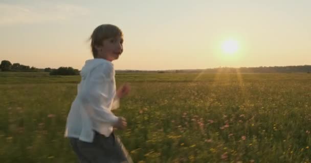 Gelukkig Kind Loopt Zomer Het Weitje Terwijl Zon Ondergaat Gelukkige — Stockvideo