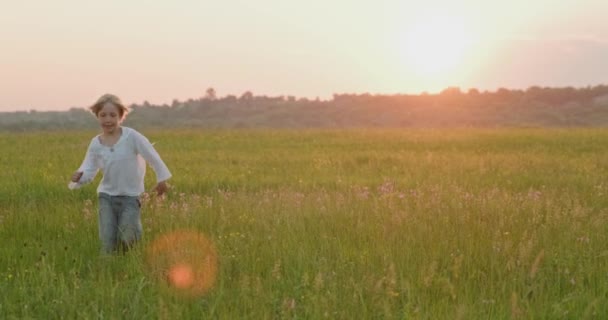 Niño Feliz Corriendo Prado Verano Mientras Pone Sol Feliz Niño — Vídeo de stock