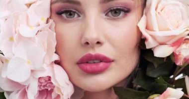 Face with flowers. Beautiful caucasian woman with fresh skin. Closeup female face with flowers. Beauty concept. Skin care. Young girl with natural makeup. 4k. Slow motion