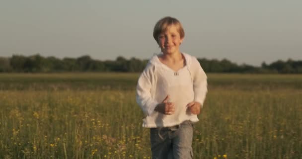 Niño Feliz Corre Sobre Hierba Verde Prado Verano Mientras Que — Vídeo de stock